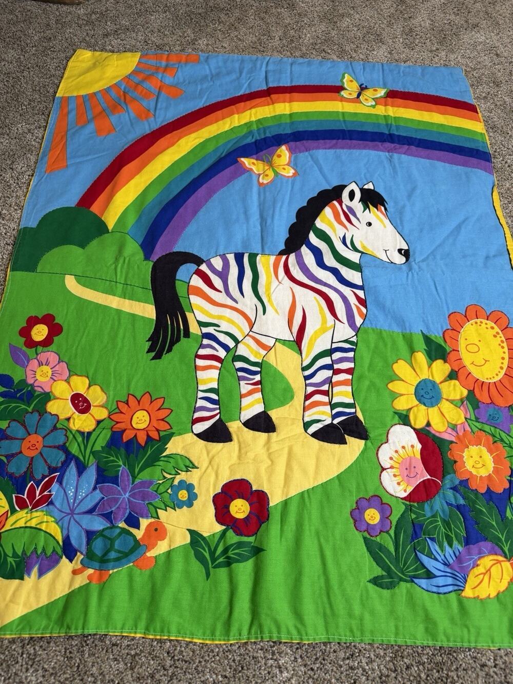 Vintage Quilt Zebra Rainbow Nursery Crib Baby Hand Sewn Colorful Lap Blanket